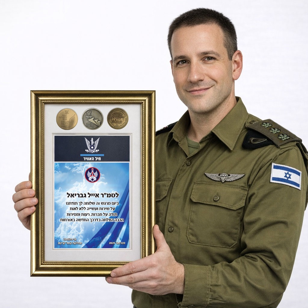 קצין מחזיק תשורת הוקרה מסגרת עם מדליות צבאיות